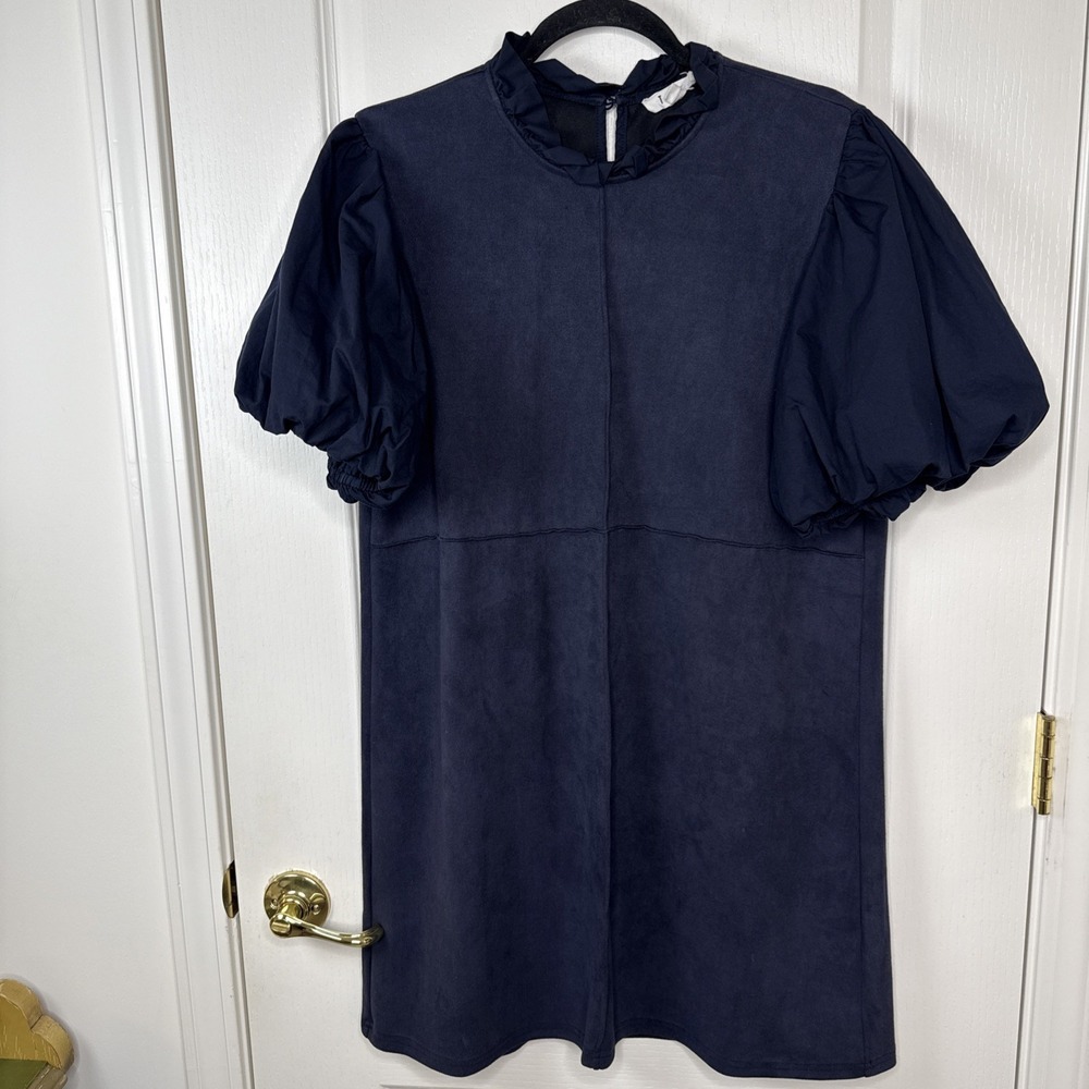THML Womens XL Navy Faux Suede Dress Puff Sleeve Mock Neck Boutique Lined